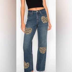 New Cali 1850 Blue Jeans with Leopard Heart Patches. Wide leg.    Size 3.